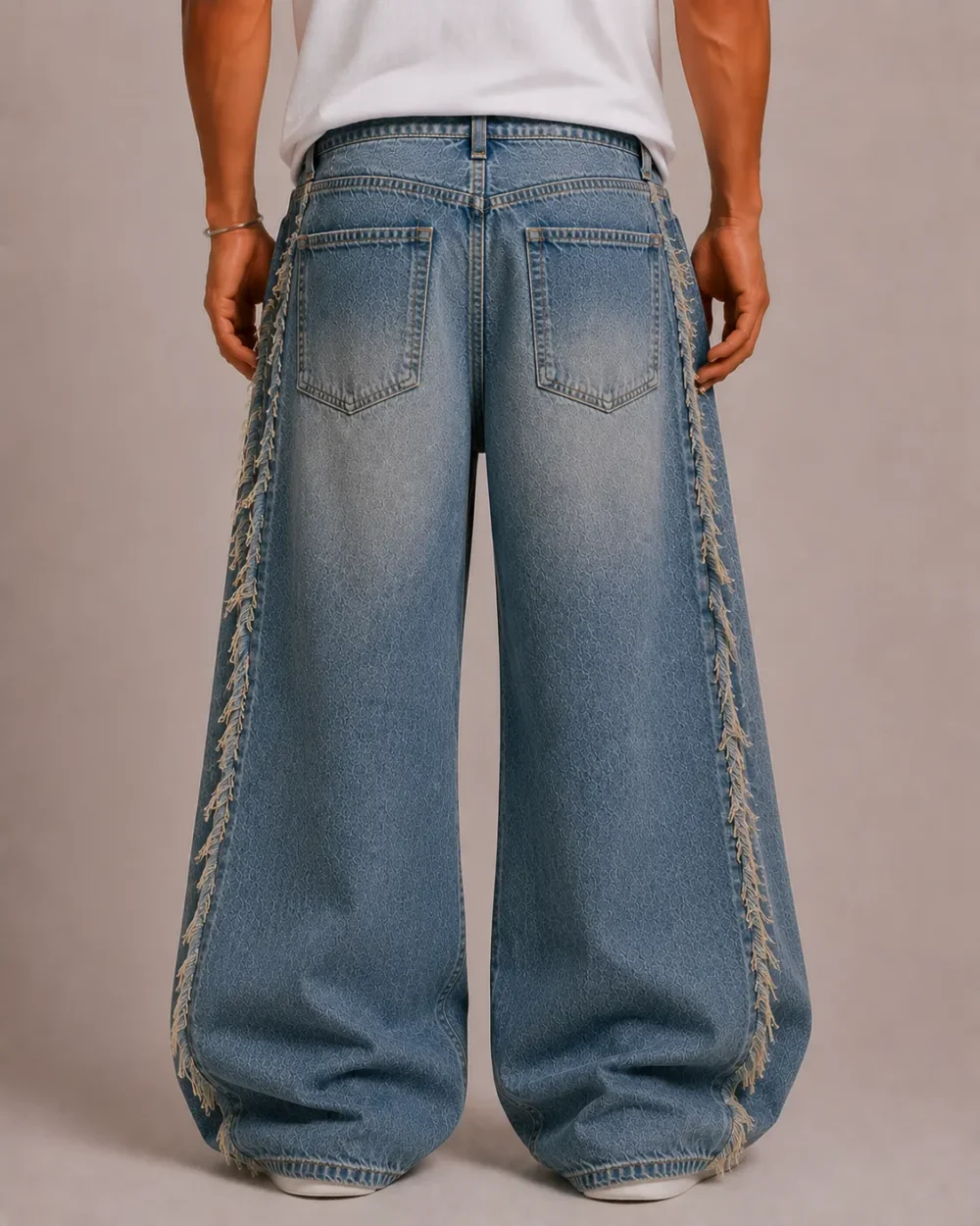 Frayed side seam baggy jeans back view