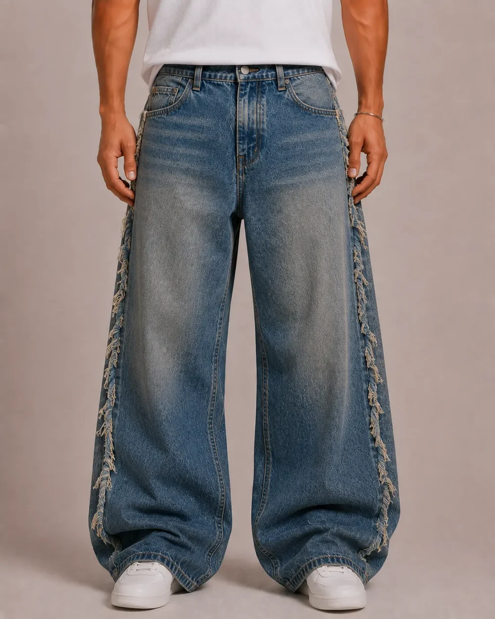 Frayed side seam baggy jeans front view