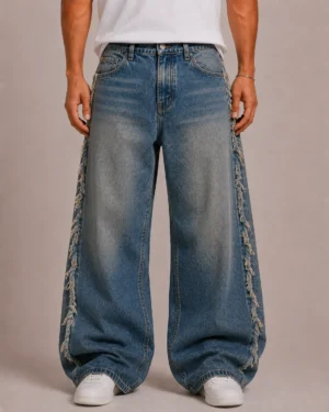 Frayed side seam baggy jeans front view
