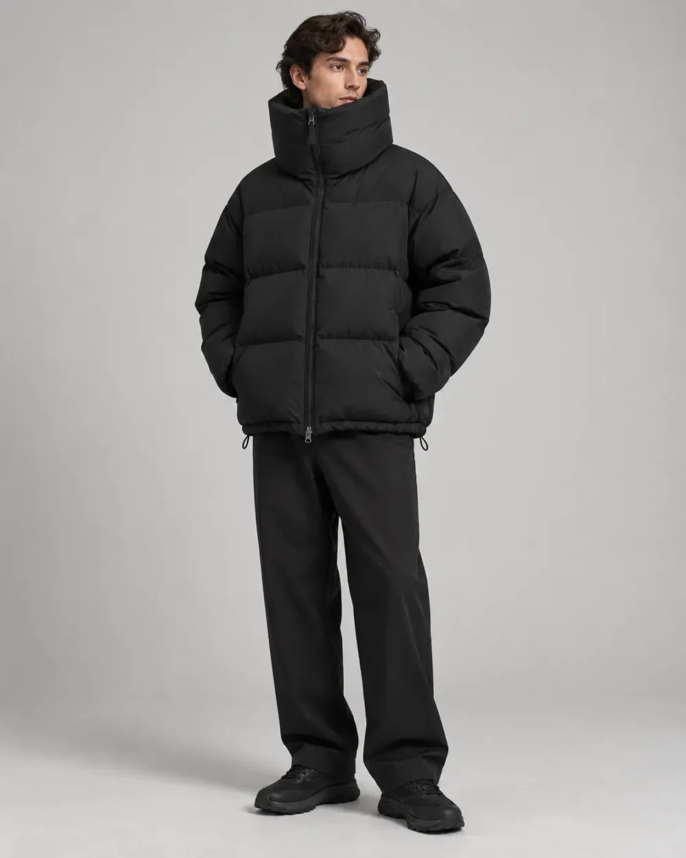 Funnel neck puffer jacket front view