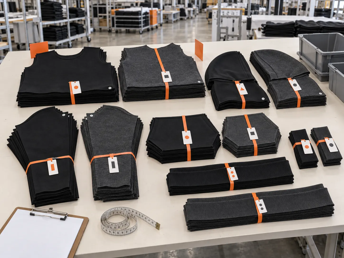Numbered garment components organized into production bundles after fabric cutting