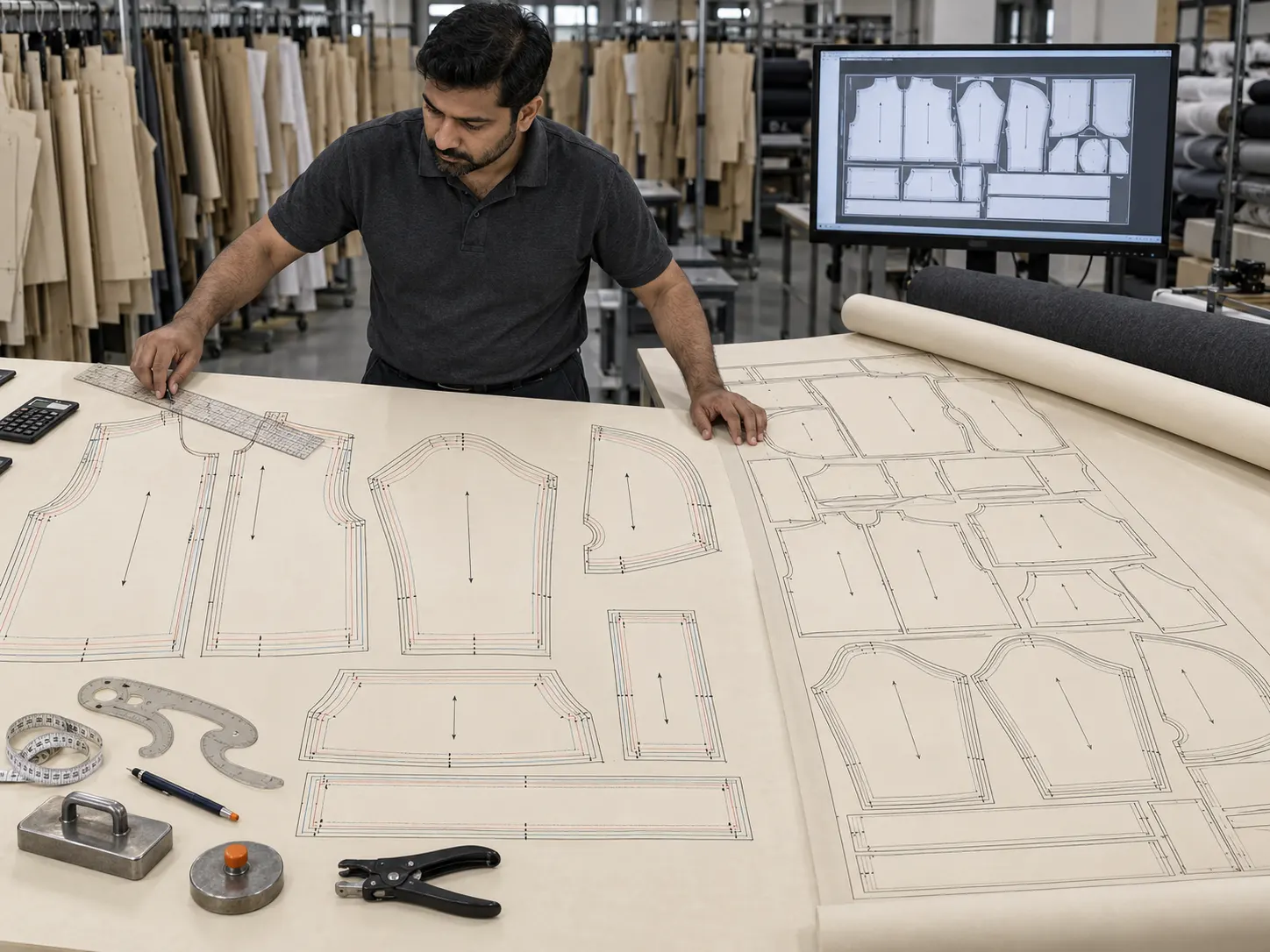 Garment size grading and marker making before fabric cutting
