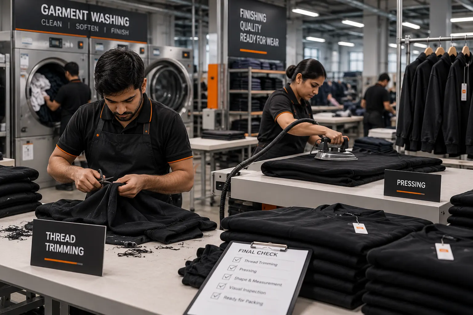 Garment finishing and pressing after clothing assembly