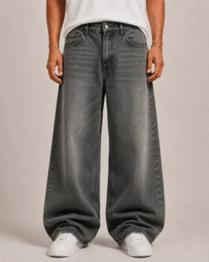 Grey wash baggy jeans front view