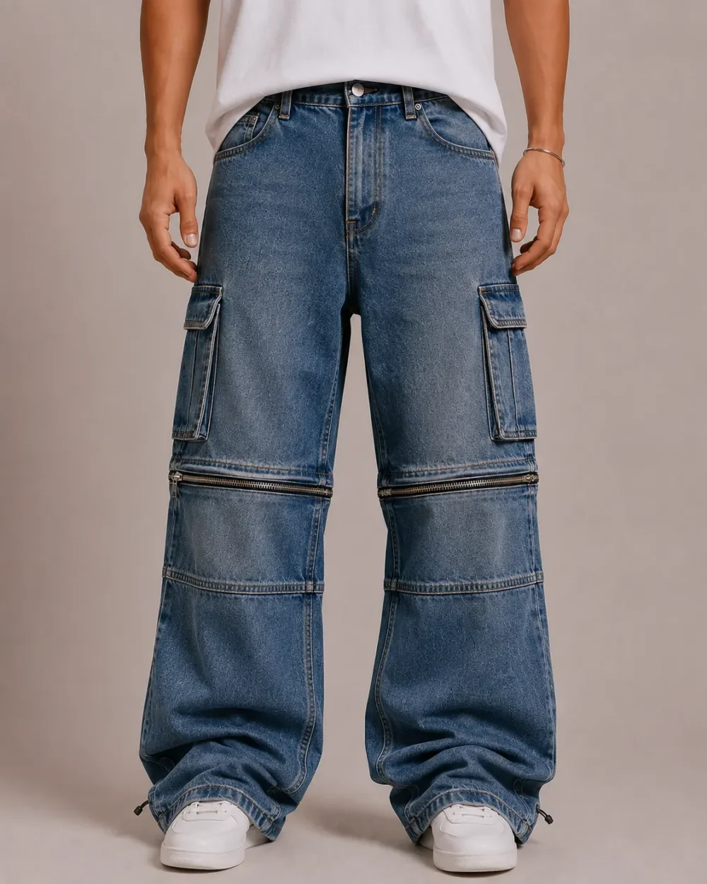 Knee zip convertible denim jeans front view