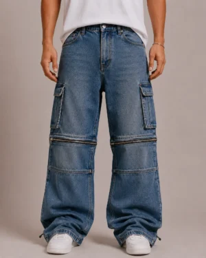 Knee zip convertible denim jeans front view