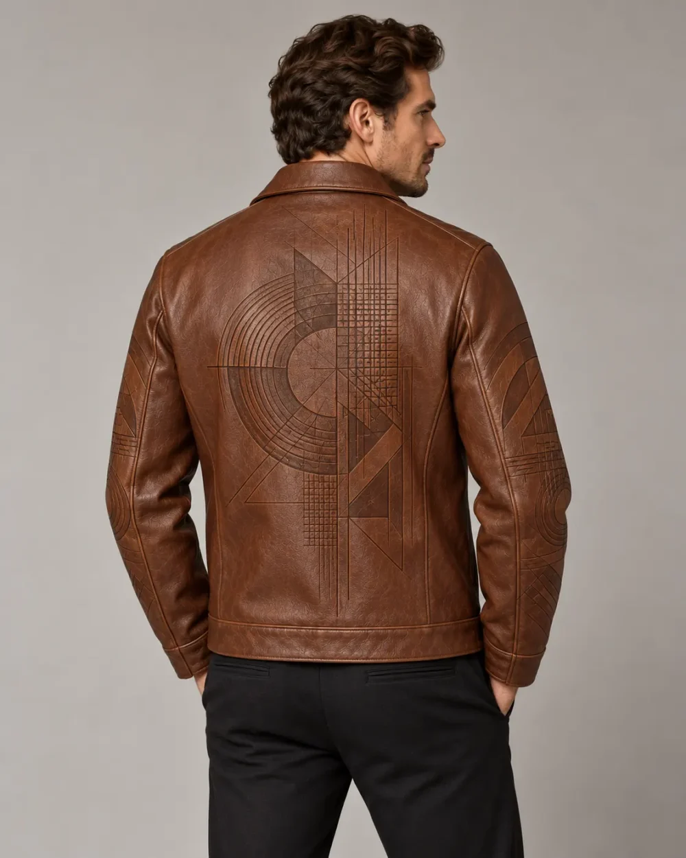 laser-etched-leather-jacket-back Laser etched brown leather jacket back view