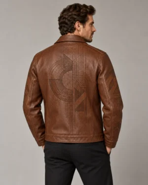Laser etched brown leather jacket back view