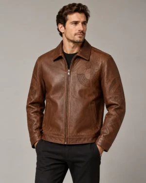 laser-etched-leather-jacket-front Laser etched brown leather jacket front view