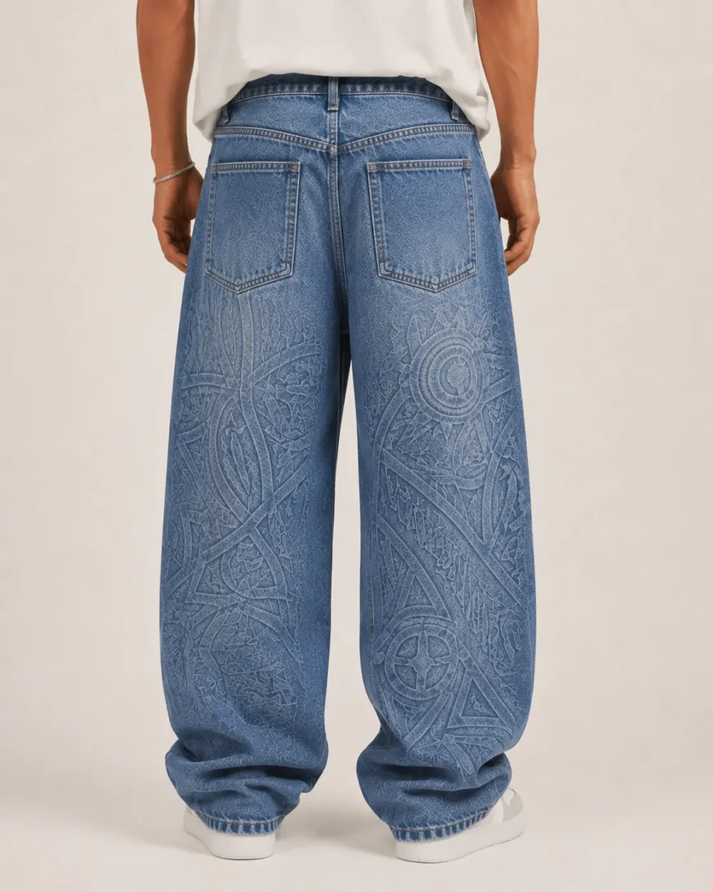 laser-printed-baggy-jeans-back Laser printed baggy jeans back view with tonal laser artwork