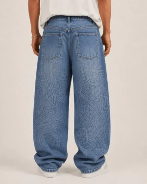 Laser printed baggy jeans back view with tonal laser artwork