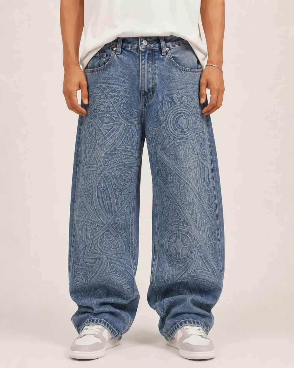 laser-printed-baggy-jeans-front Laser printed baggy jeans front view with custom denim pattern