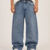 laser-printed-baggy-jeans-front Laser printed baggy jeans front view with custom denim pattern