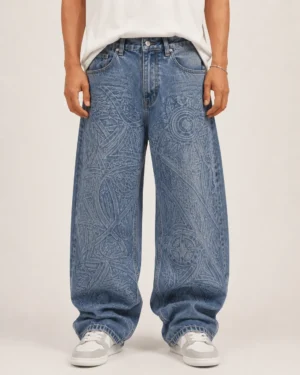 laser-printed-baggy-jeans-front Laser printed baggy jeans front view with custom denim pattern
