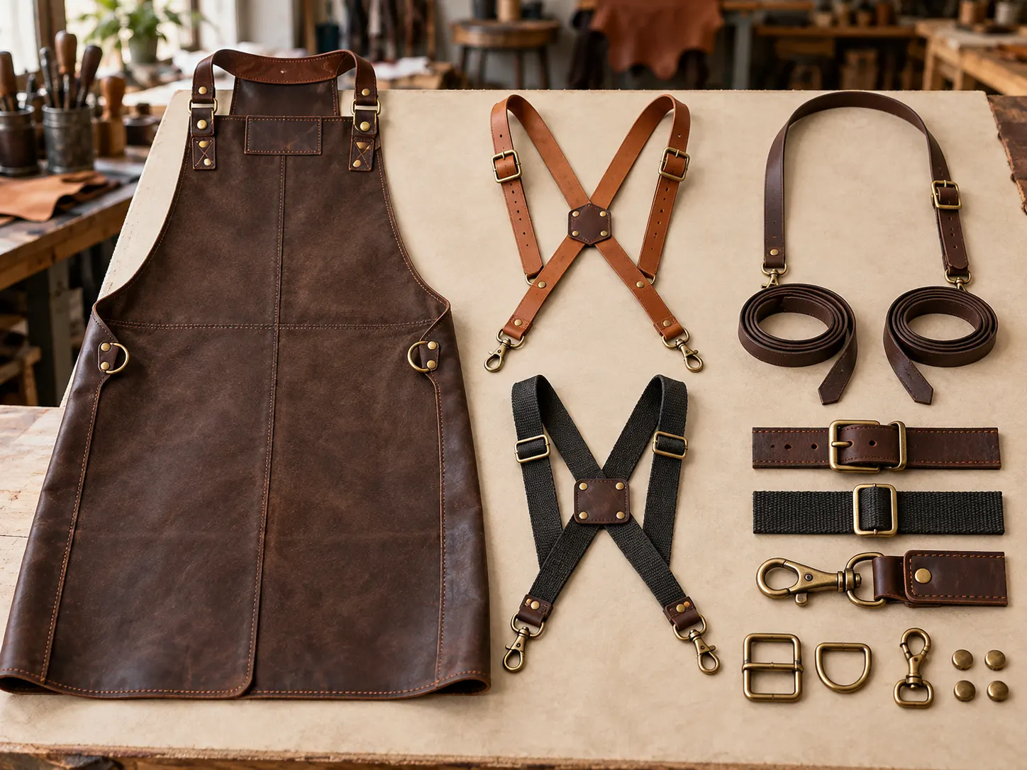 Cross back neck loop adjustable leather and webbing strap options for leather aprons