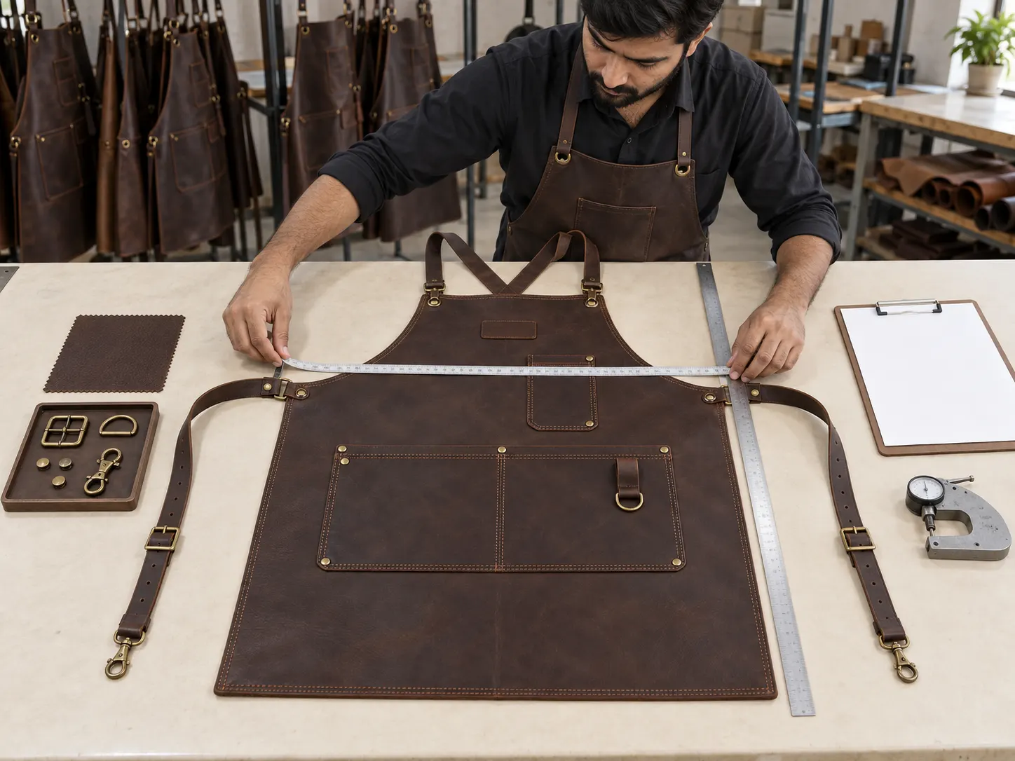 Quality control inspection of custom leather apron dimensions pockets straps rivets stitching and branding