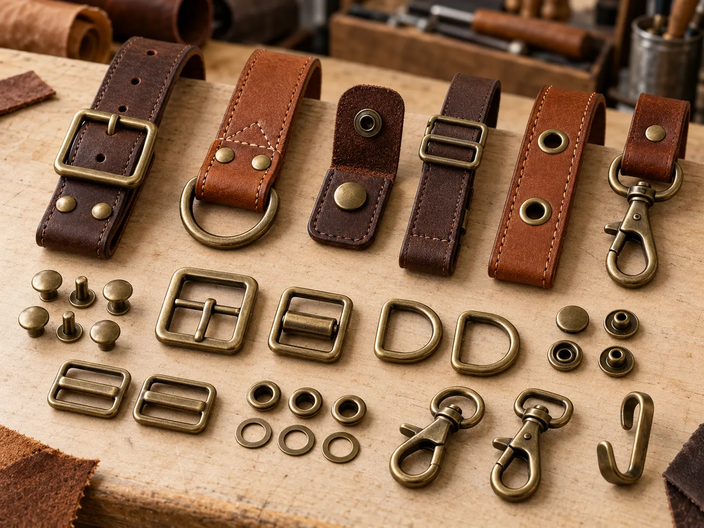 Custom leather apron rivets buckles snaps D rings and strap hardware