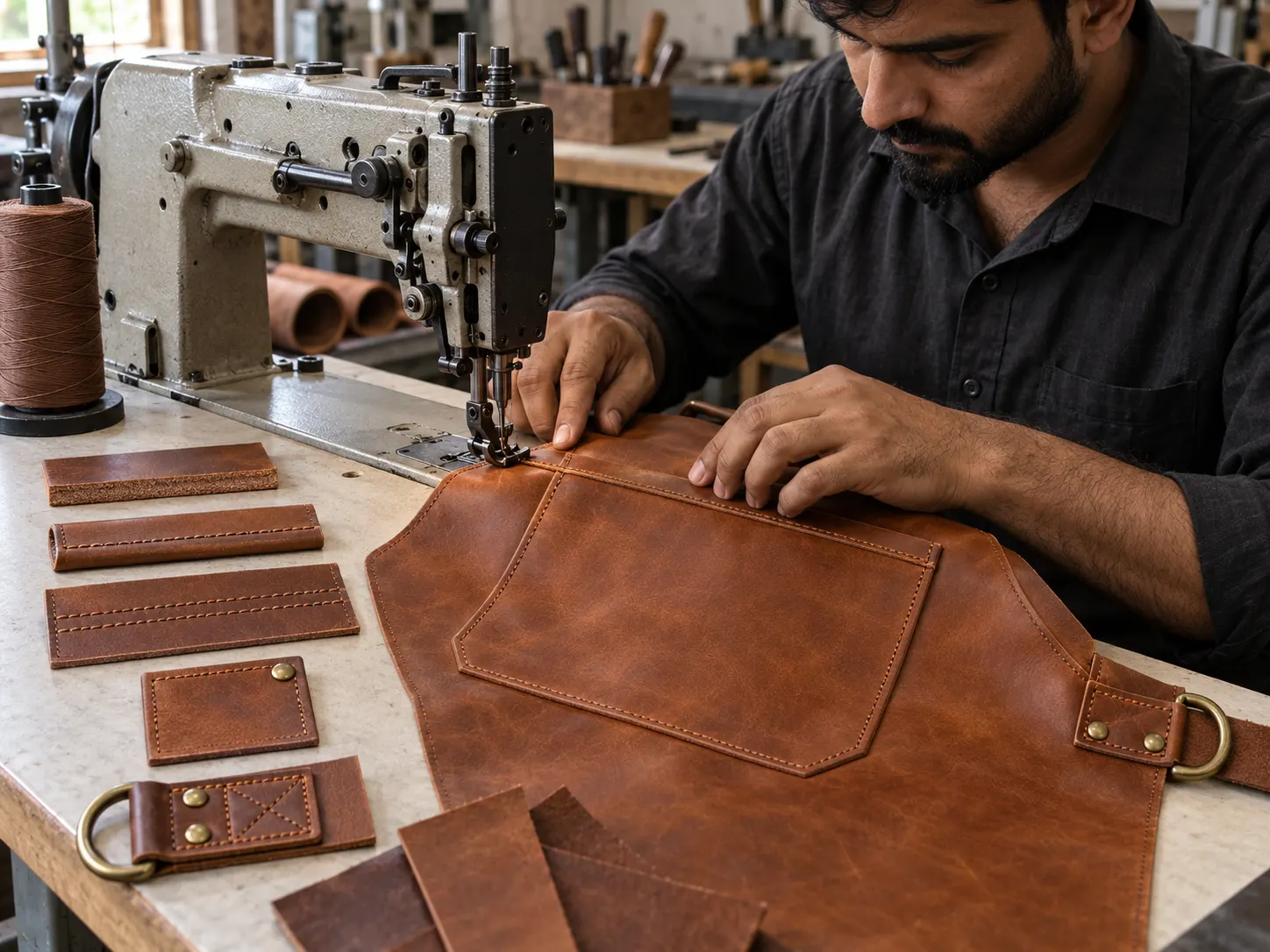 Leather apron stitching edge finishing reinforced pockets and strap attachment construction