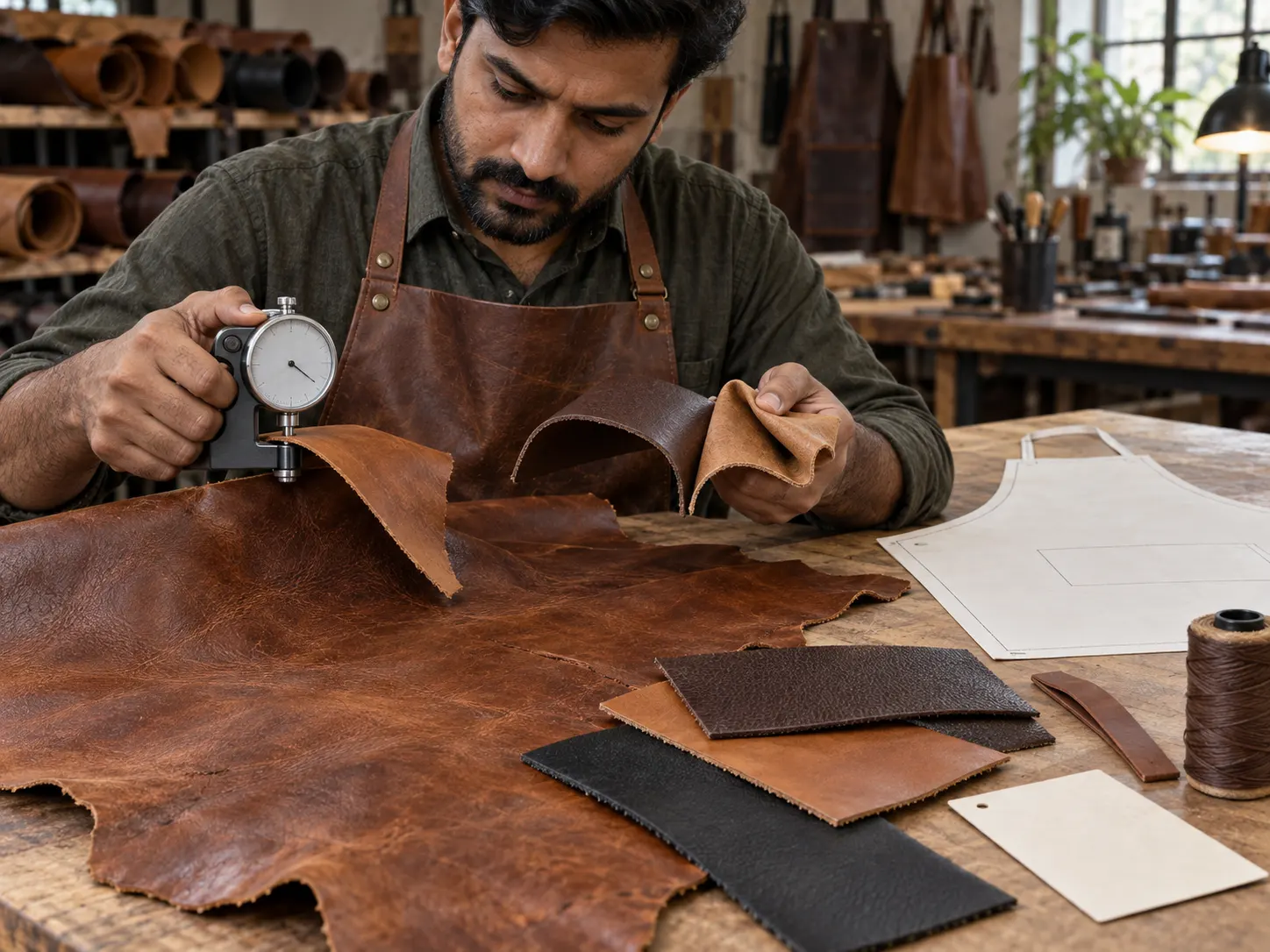 Leather apron hide thickness grain temper and flexibility inspection