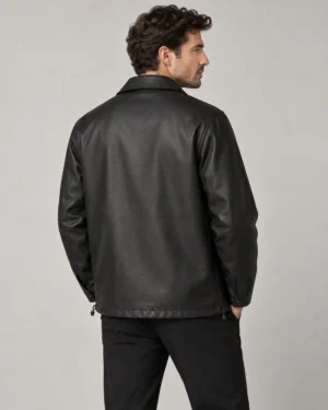 Black leather coach jacket back view