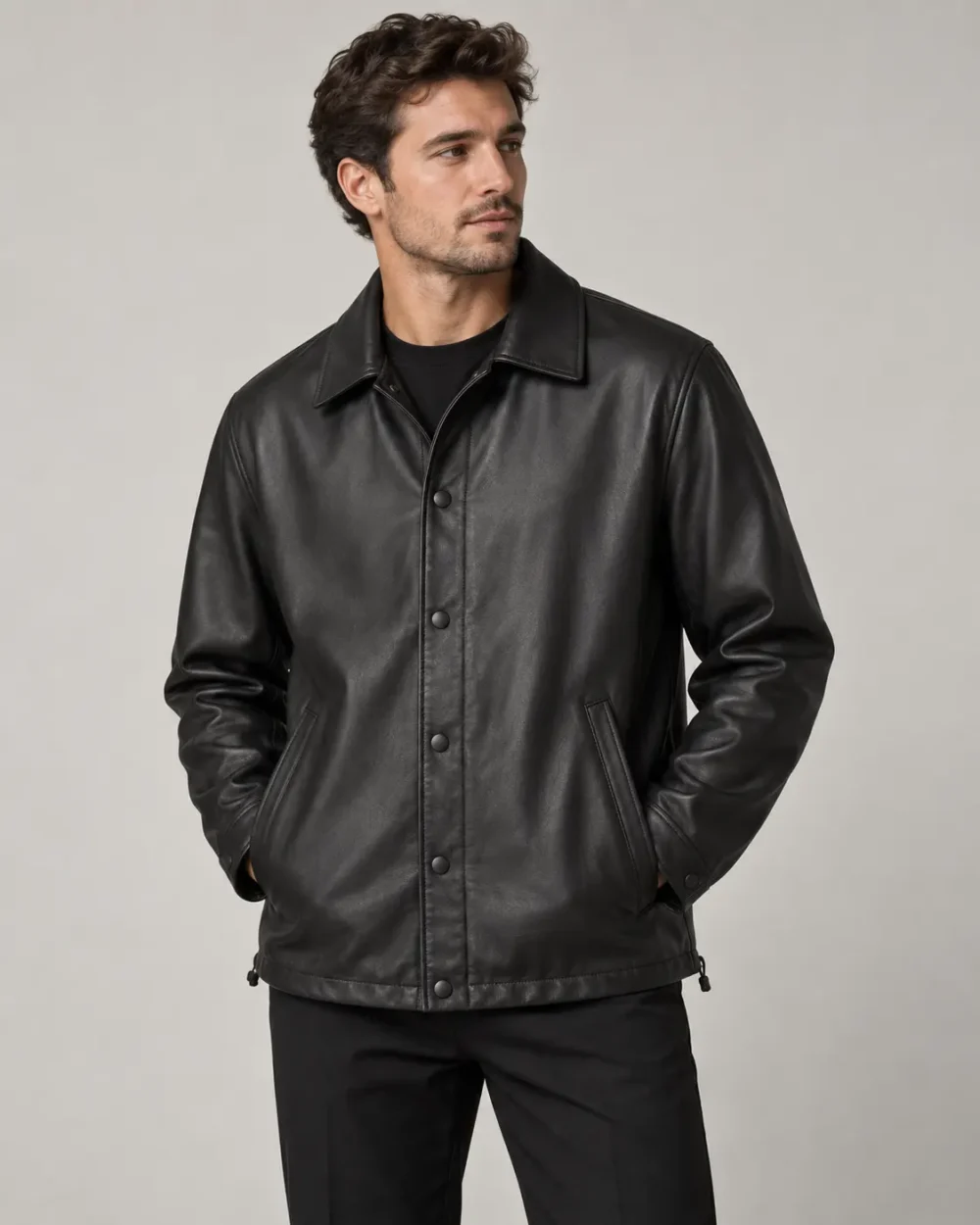 leather-coach-jacket-front Black leather coach jacket front view