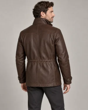 Brown leather field jacket back view