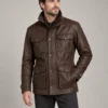 leather-field-jacket-front Brown leather field jacket front view with four pockets