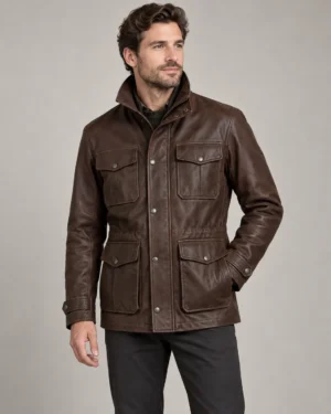 leather-field-jacket-front Brown leather field jacket front view with four pockets