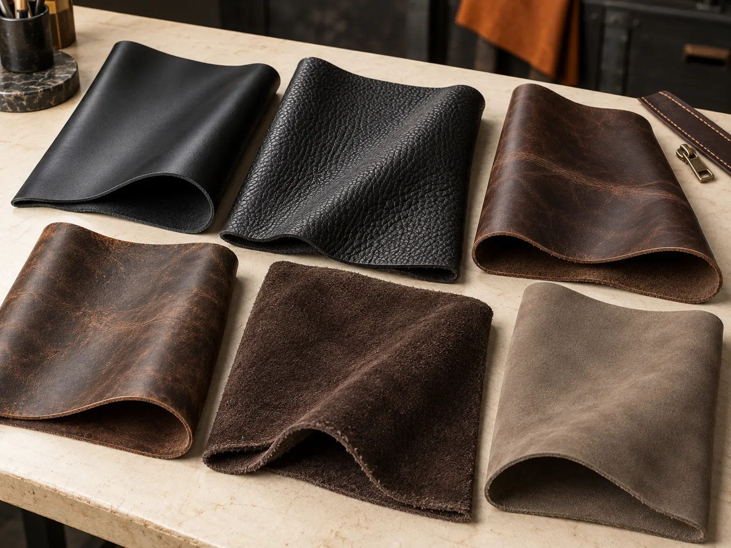 Leather grain colour matte vintage distressed and suede finish samples for jacket development