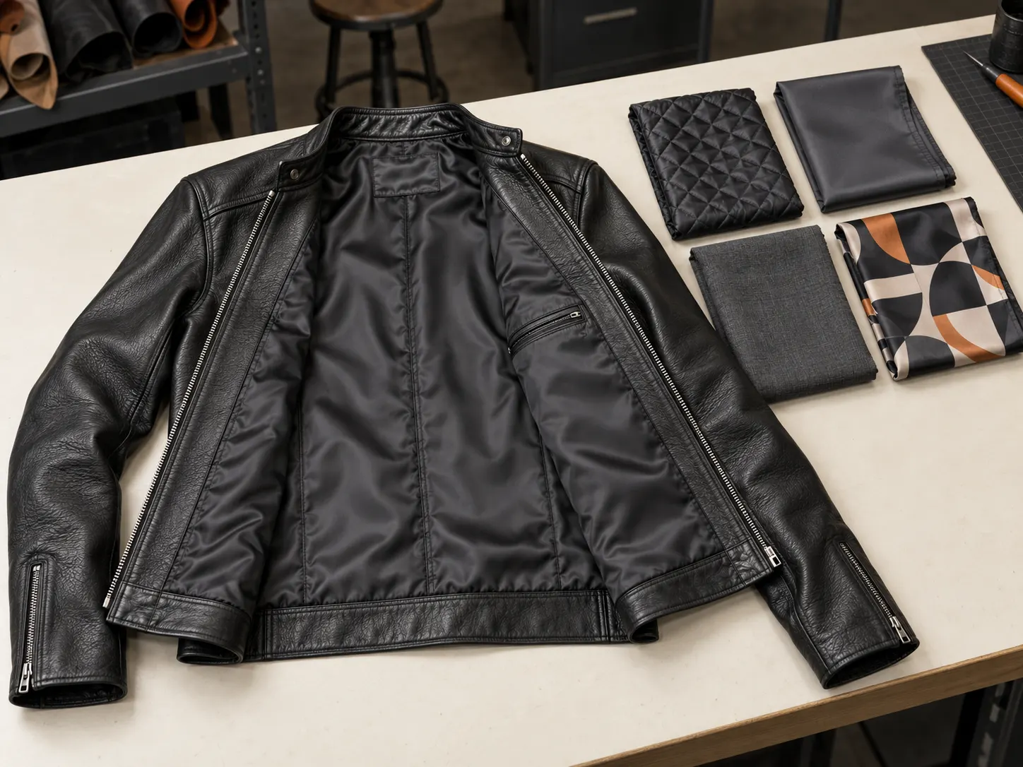 Satin quilted cotton blend and custom printed lining options for leather jackets