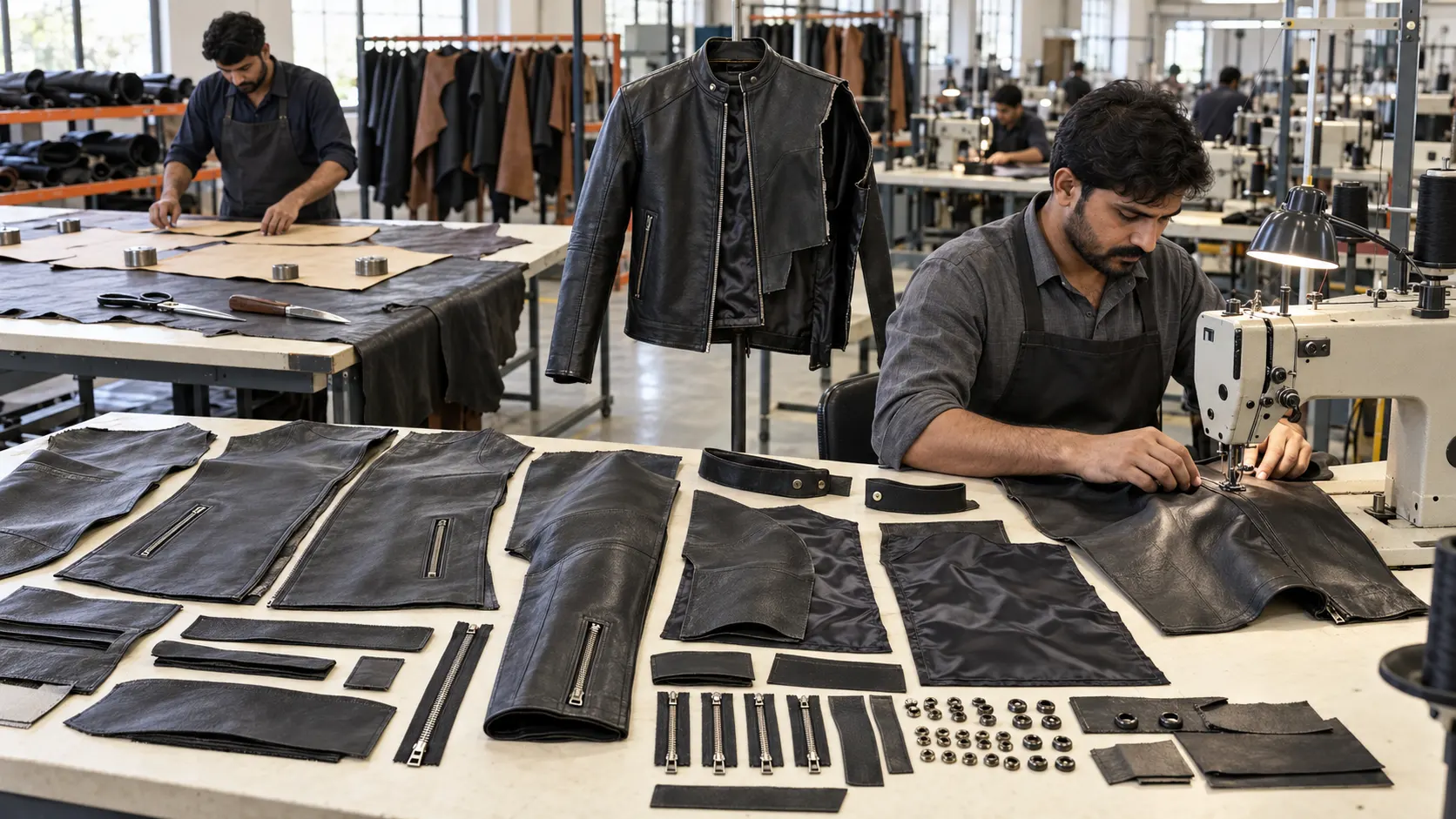Custom leather jacket cutting sewing and assembly during apparel manufacturing