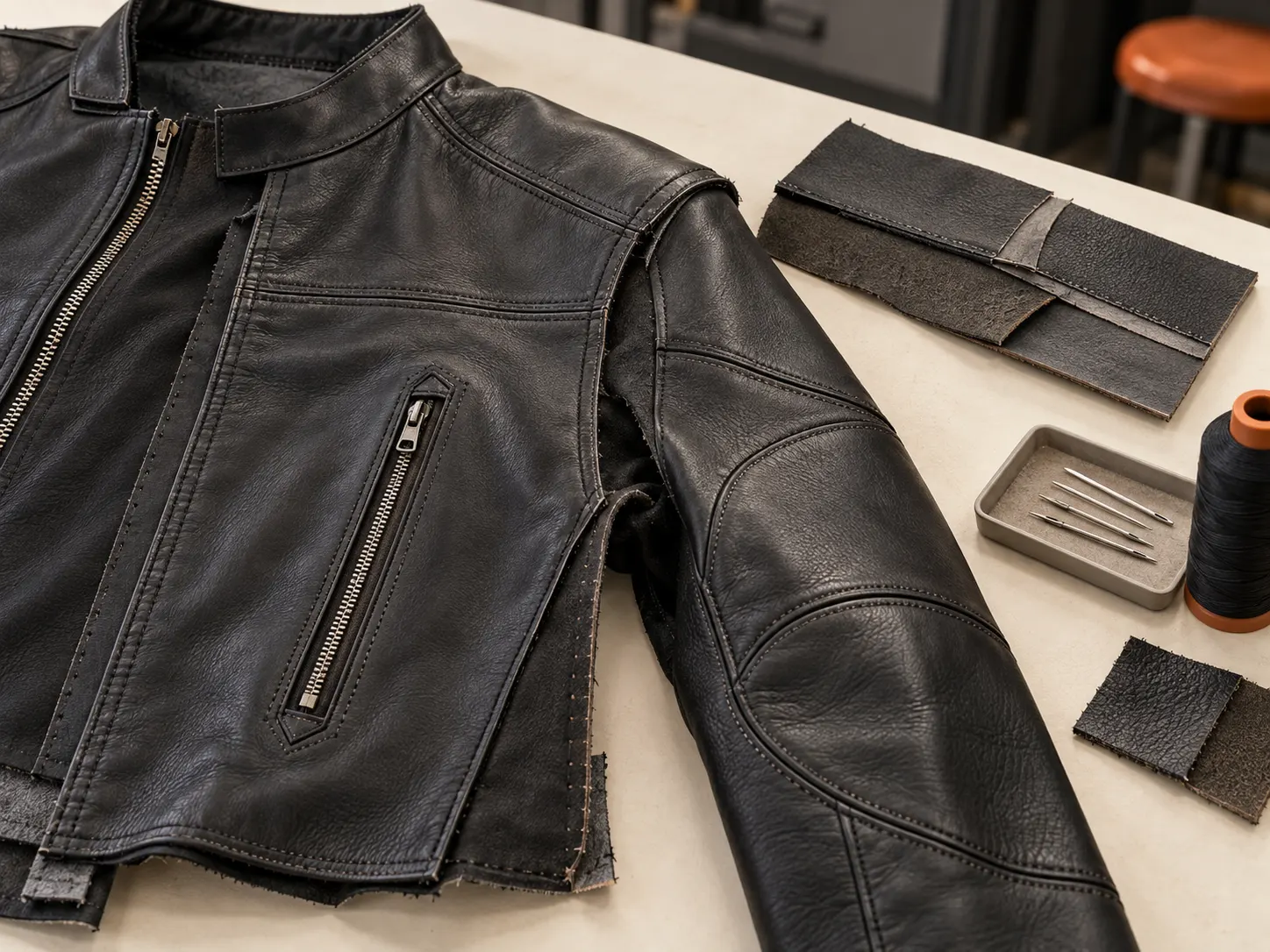 Leather jacket panel construction topstitching reinforcement and seam development