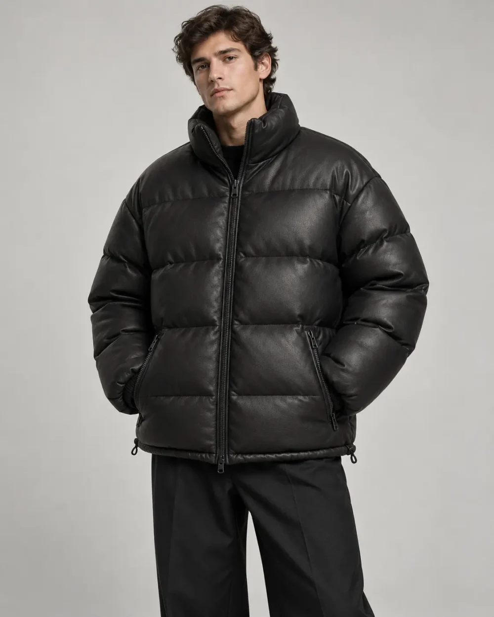 leather-puffer-jacket-front Oversized black leather puffer jacket front view