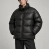 leather-puffer-jacket-front Oversized black leather puffer jacket front view