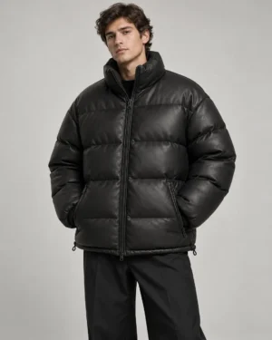 leather-puffer-jacket-front Oversized black leather puffer jacket front view