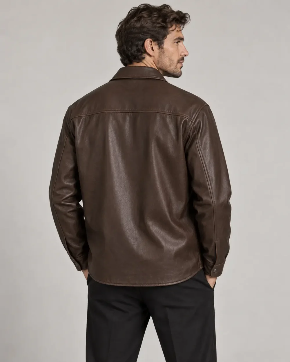 leather-shirt-jacket-overshirt-back Brown leather shirt jacket overshirt back view