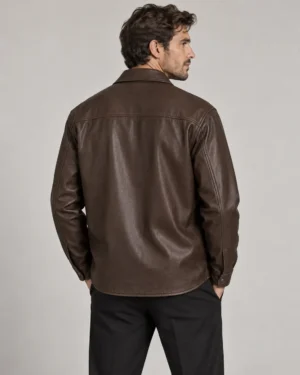 Brown leather shirt jacket overshirt back view