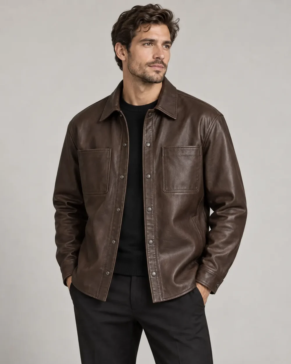 leather-shirt-jacket-overshirt-front Brown leather shirt jacket overshirt front view