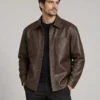 leather-shirt-jacket-overshirt-front Brown leather shirt jacket overshirt front view