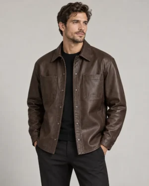 leather-shirt-jacket-overshirt-front Brown leather shirt jacket overshirt front view