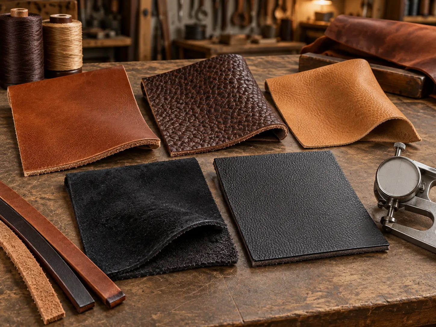 Cowhide buffalo goatskin suede and finished leather options for custom aprons