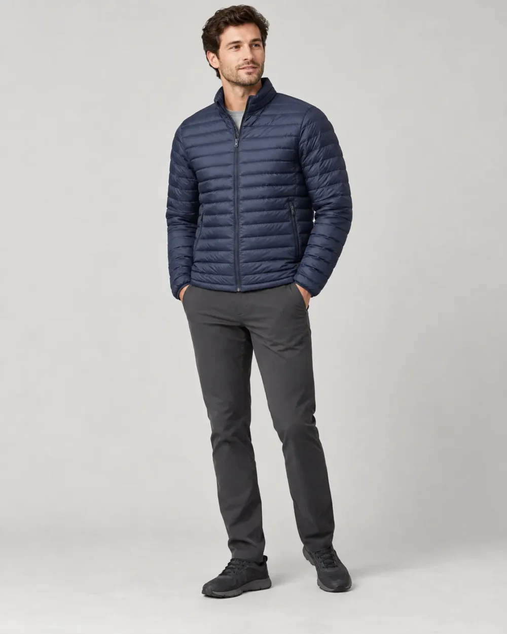 Lightweight packable puffer jacket front view