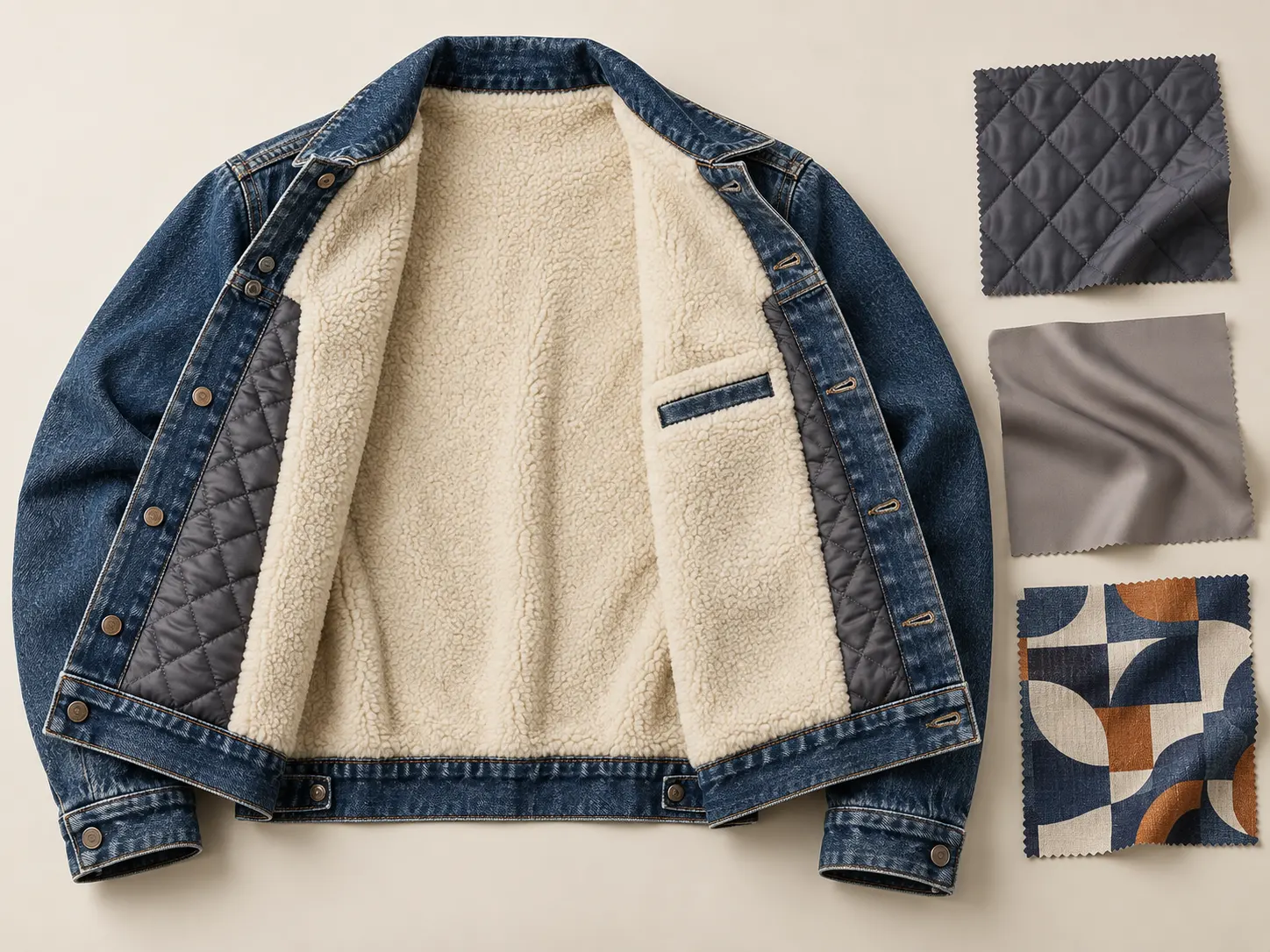 Sherpa quilted woven and custom printed lining options for denim jackets