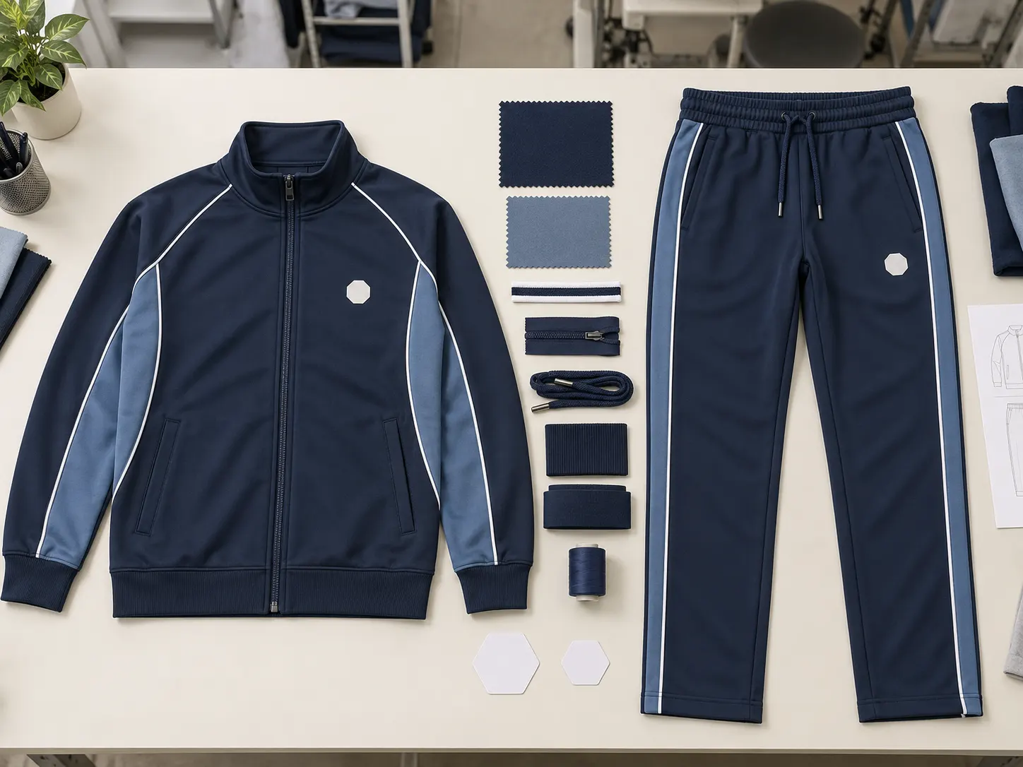 Matching custom tracksuit jacket and pants with coordinated fabric panels trims and branding