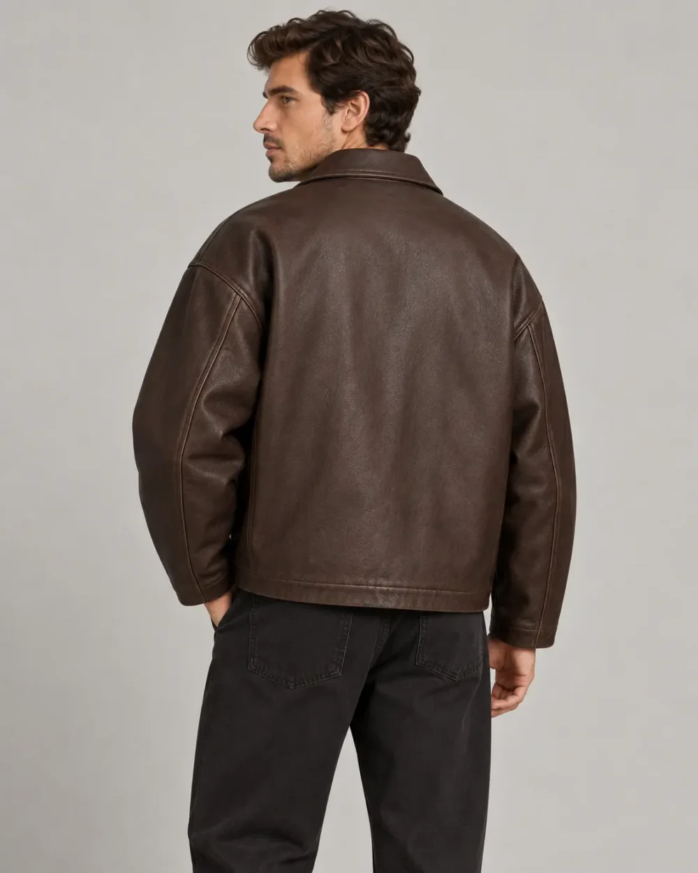 Oversized boxy brown leather work jacket back view