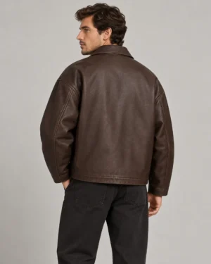 Oversized boxy brown leather work jacket back view