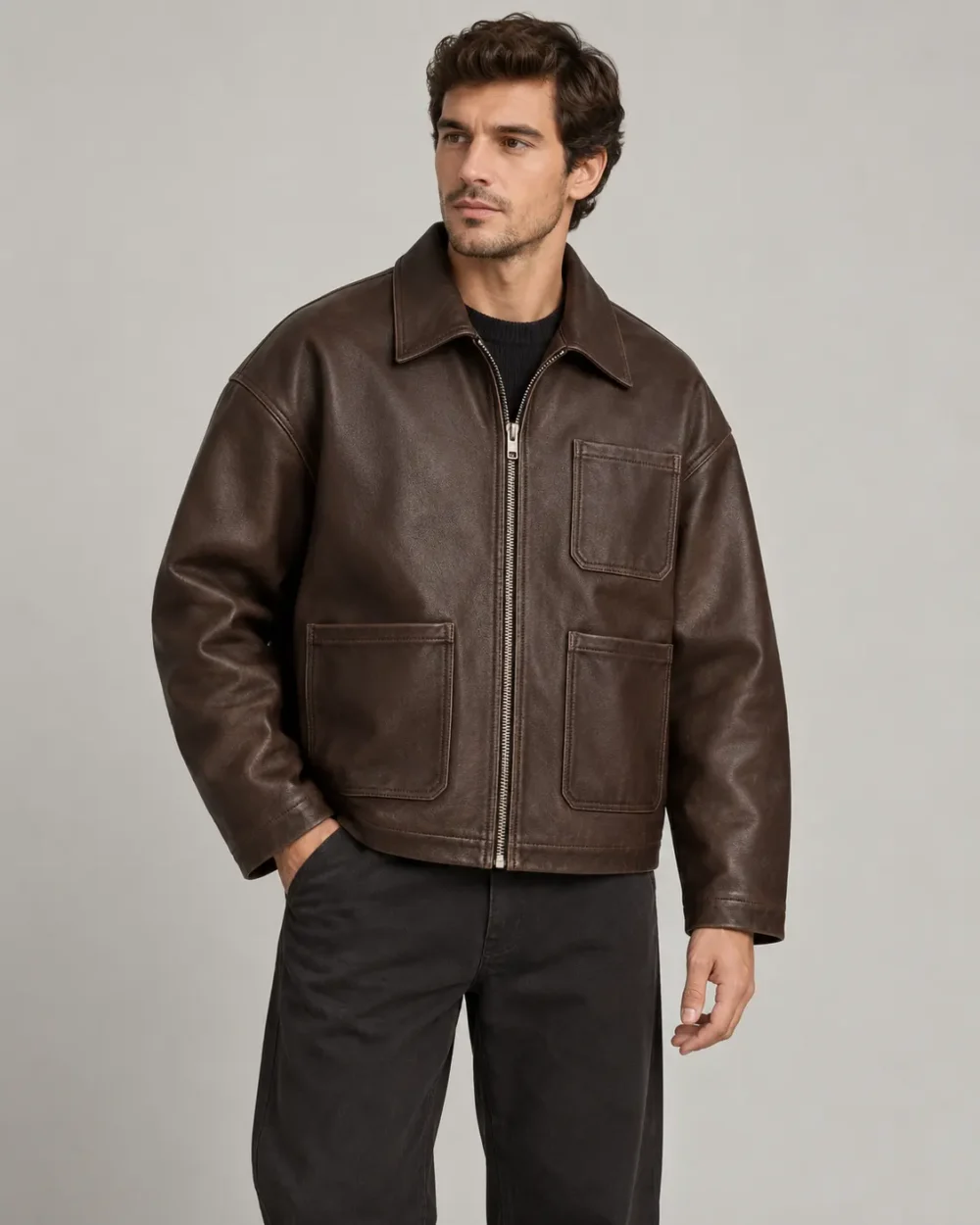 Oversized boxy brown leather work jacket front view
