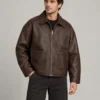 Oversized boxy brown leather work jacket front view