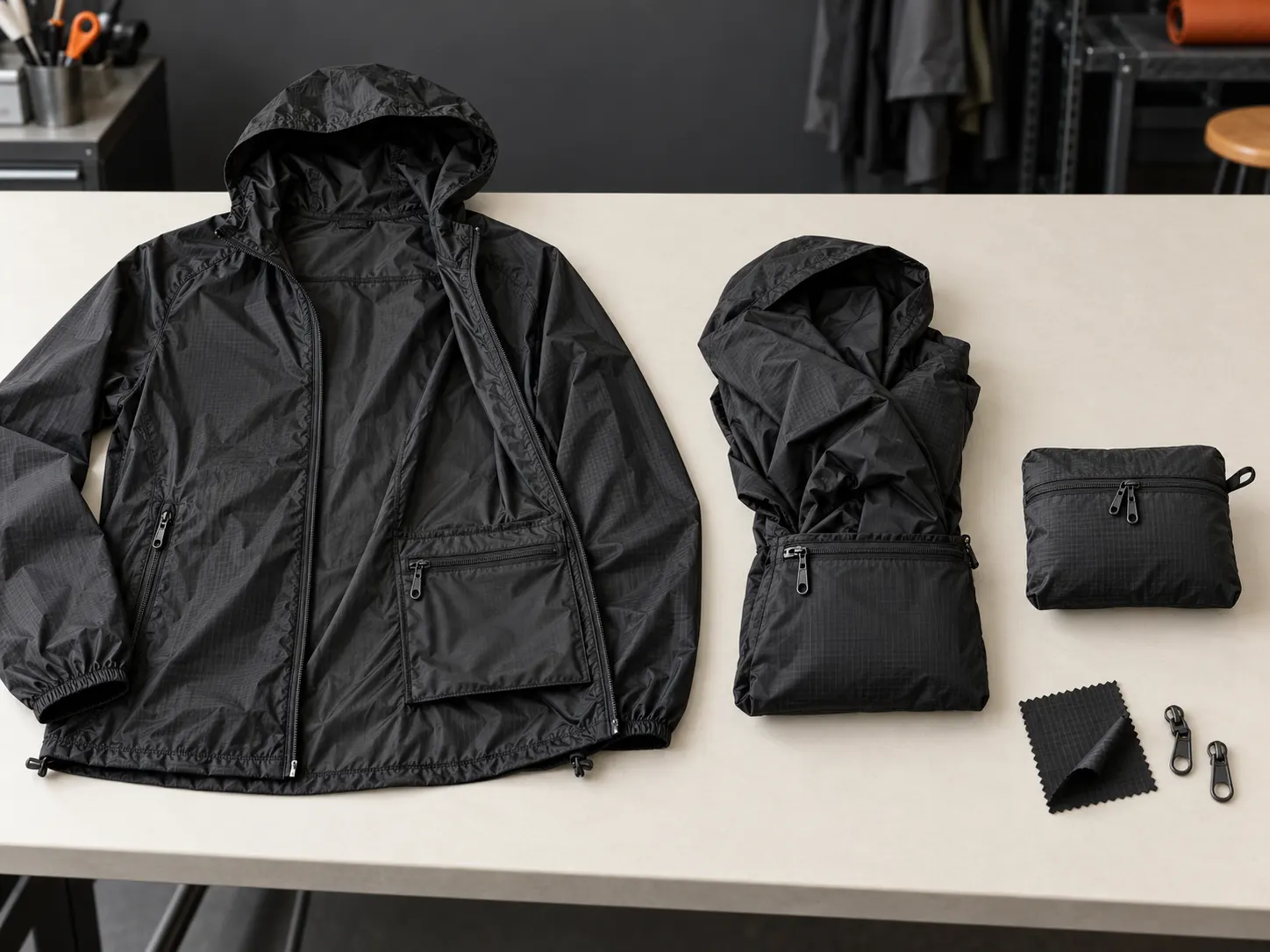 Packable windbreaker jacket folding into an integrated storage pocket