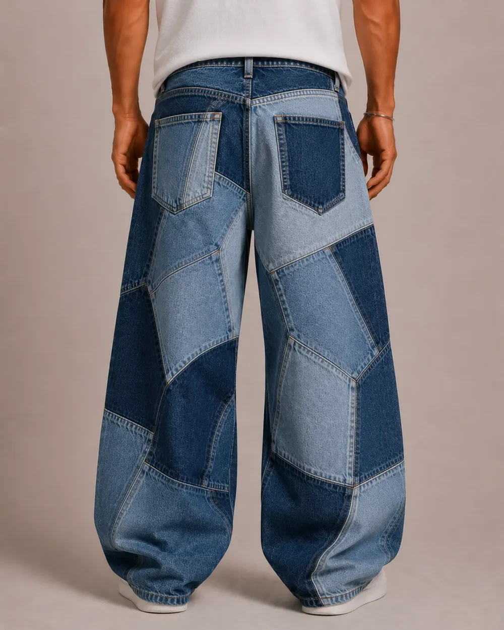 patchwork-baggy-jeans-back Patchwork baggy jeans back view with mixed denim panels